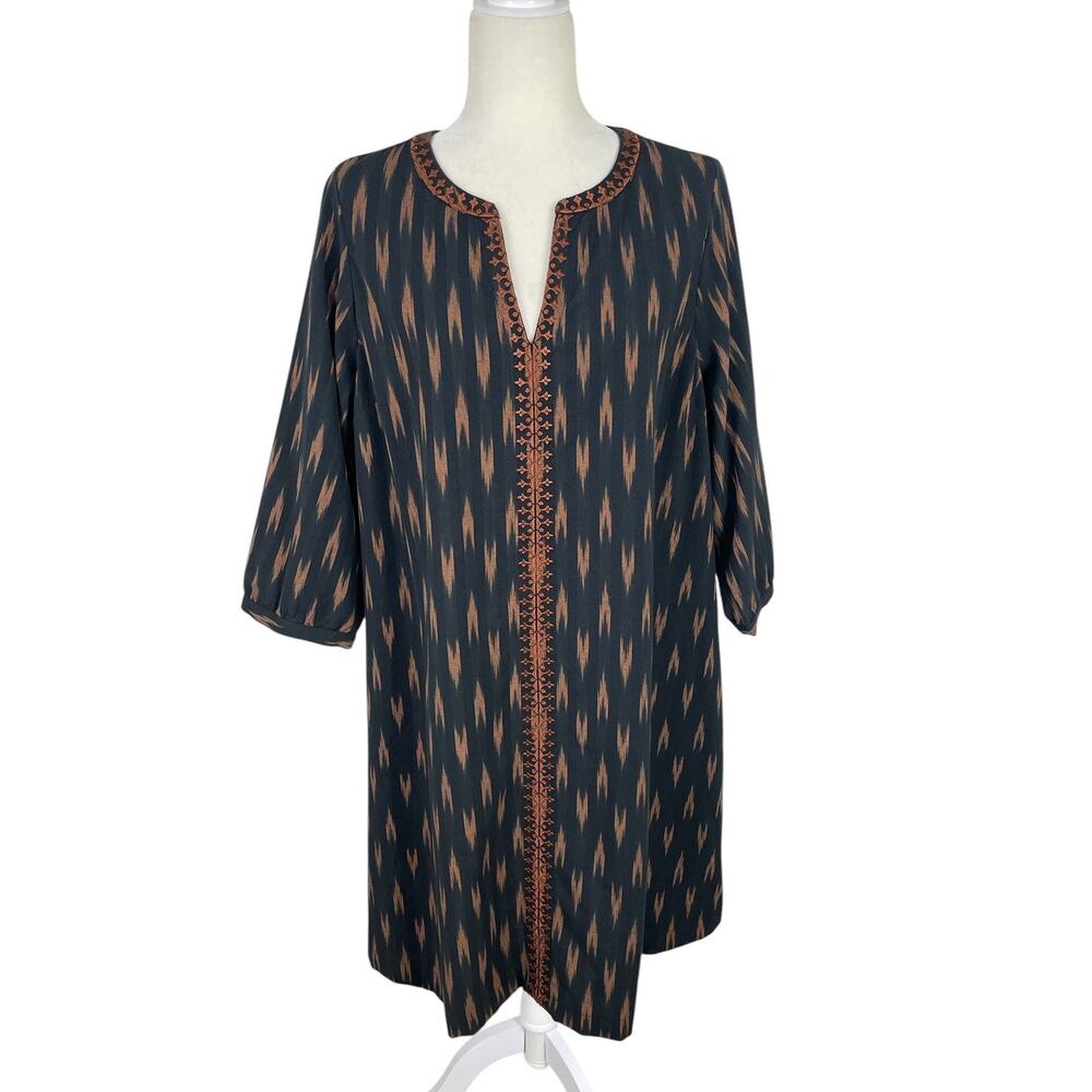 J.Jill Elements Embroidered Ikat Midi Dress Neutral Sz LP Boho Chic Eclectic